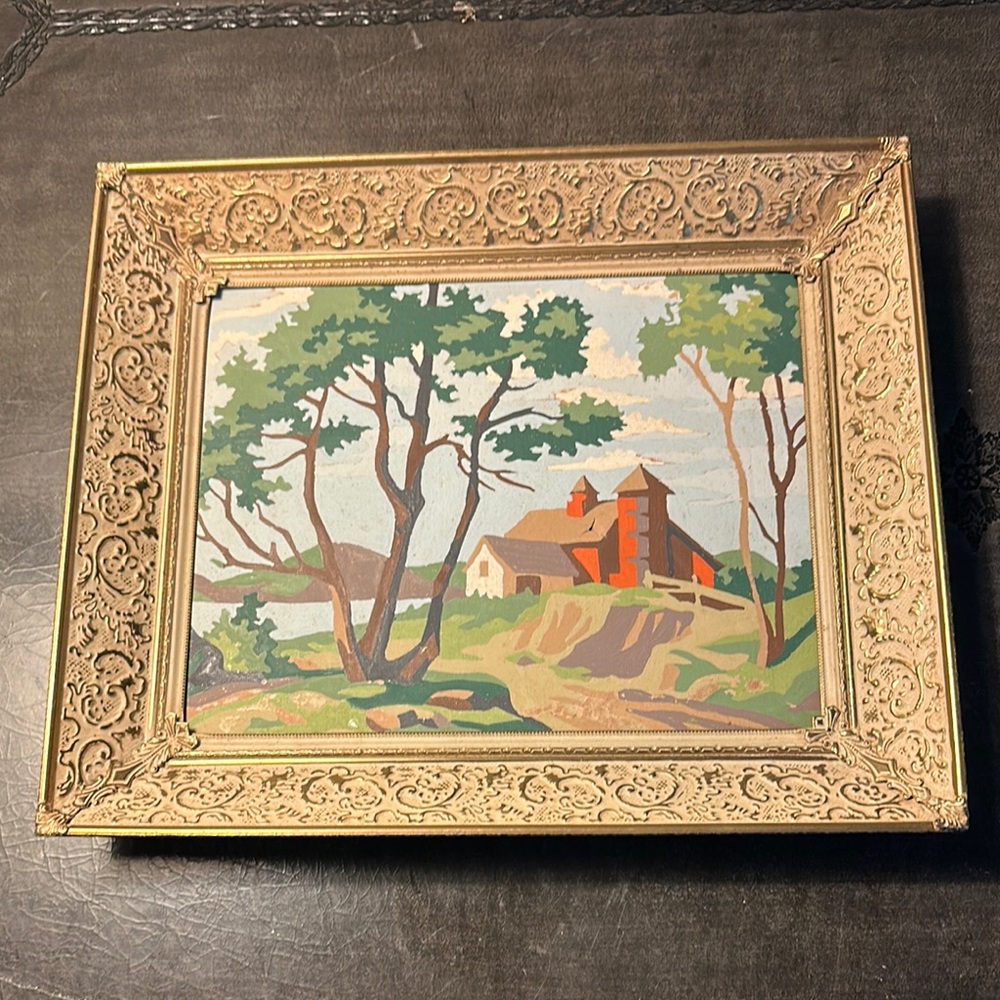 Vintage metal gold Framed farmscape Painting